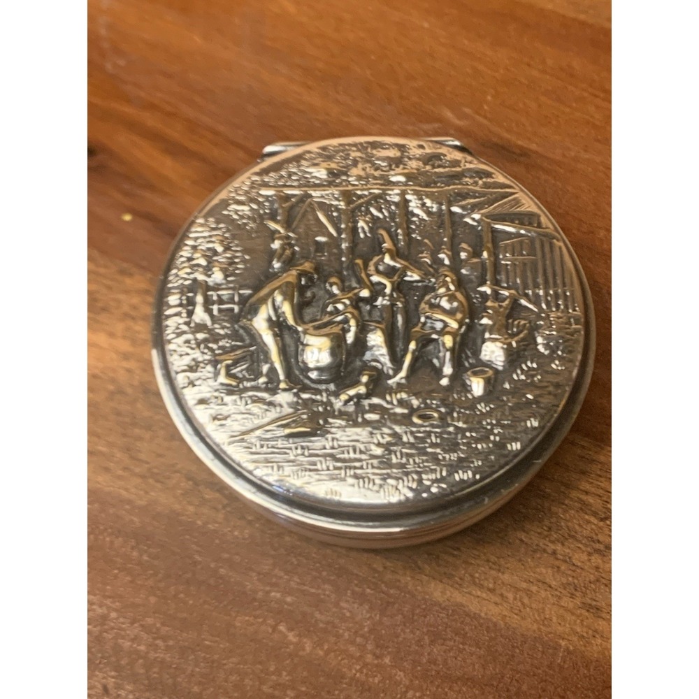 Vintage Silver Hans Jensen Pill Box Denmark Tavern Scene Nicely Polished